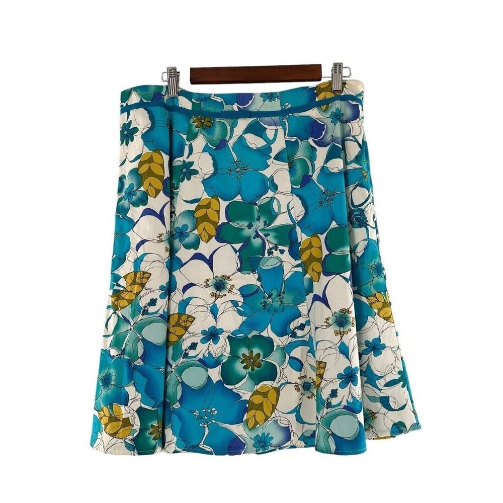 Notations Floral A-Line‎ Midi Skirt PXL Cotton Blend Blue Colorful Boho Retro